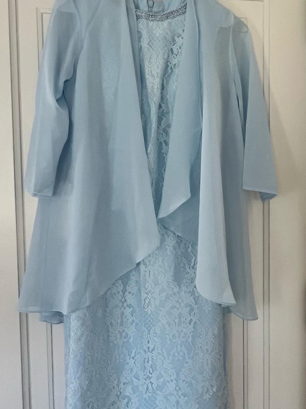 New with Tags! Light Blue Lace Sheath Dress with Draped Jacket